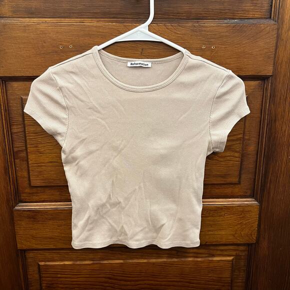 Reformation Muse Tee Women's Crop Top size XS Ribbed Short Sleeve Beiege - Picture 1 of 9